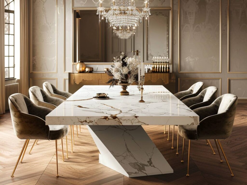 10 inspiracji na urządzenie jadalni z meblami premium z marmurowymi blatami