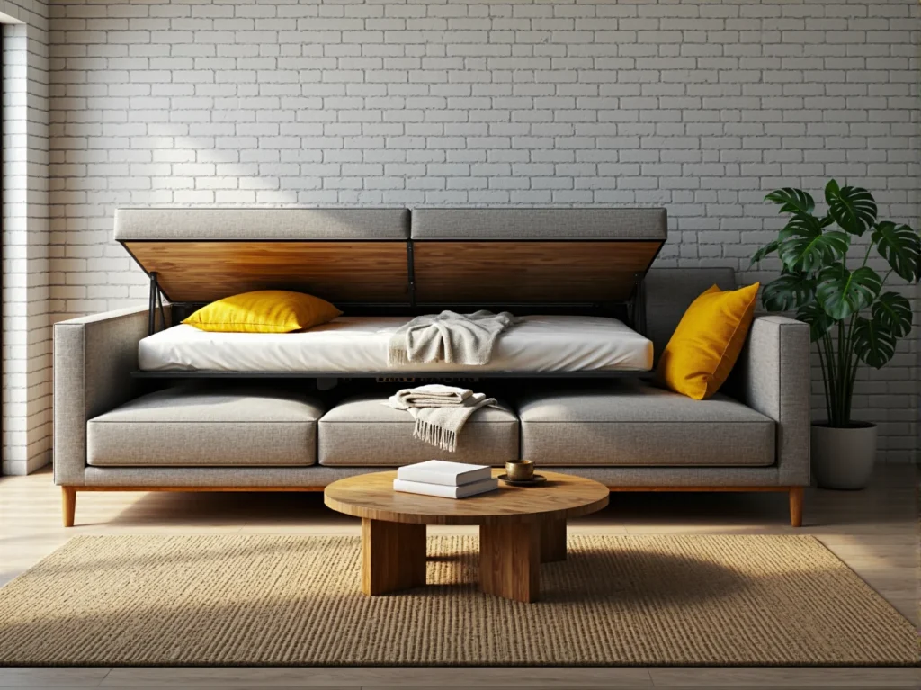 Rozkładana sofa szara z funkcją spania na drewnianych nóżkach