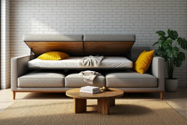 Rozkładana sofa szara z funkcją spania na drewnianych nóżkach