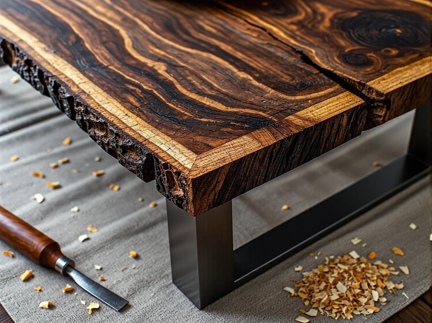 Profesjonalny klej poliuretanowy aplikowany na drewnianą deskę łączoną z metalowym profilem.