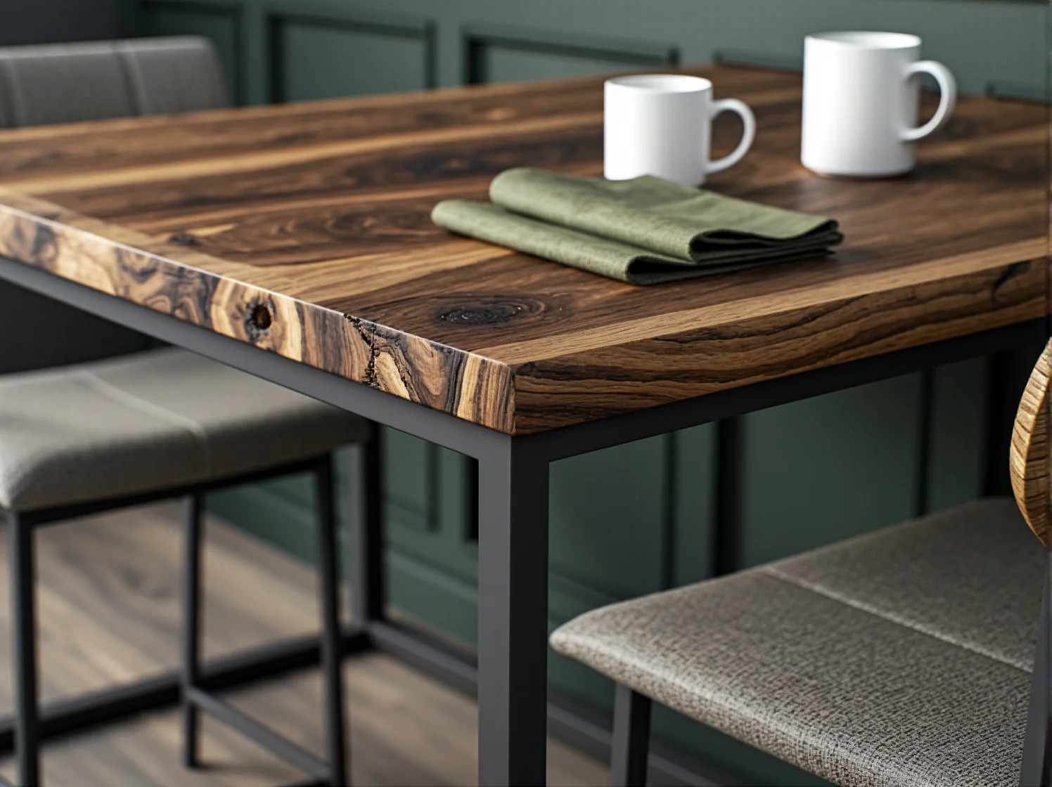 Aranżacja jadalni na małym metrażu z drewnianym stołem barowym