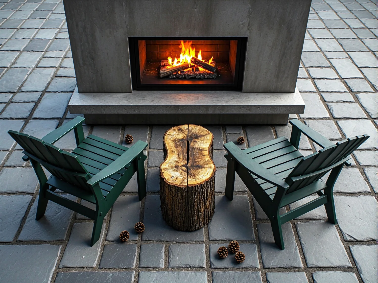 Bezpieczna aranżacja przestrzeni wokół paleniska z użyciem trwałych foteli ogrodowych i stolika.