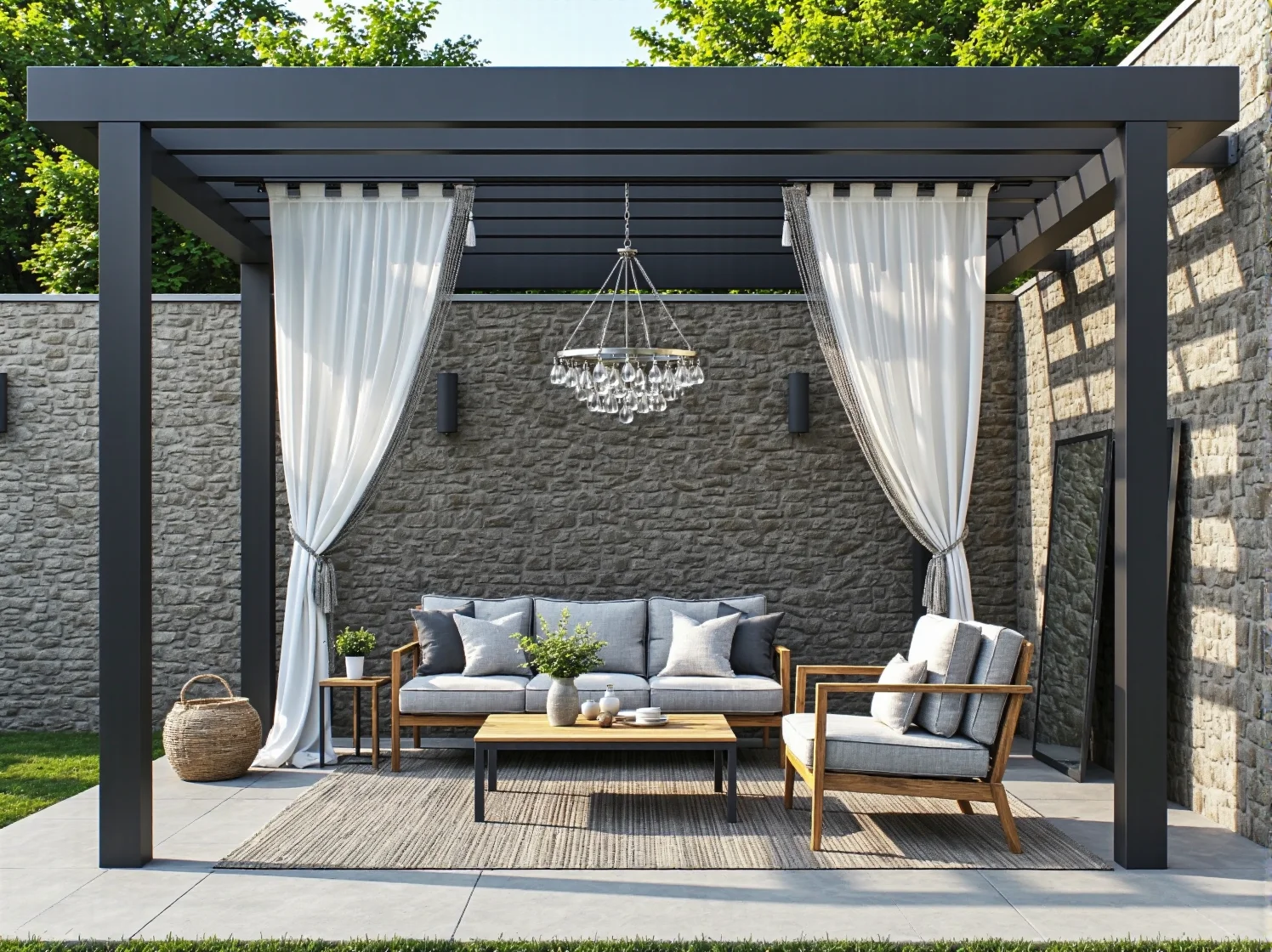 Wygodna sofa ogrodowa i nowoczesny stolik kawowy w luksusowej strefie relaksu.