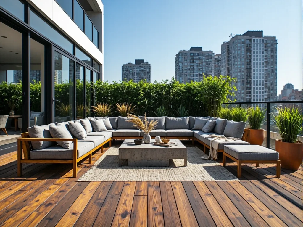 Narożnik ogrodowy szary na drewnianej ramie z szezlongiem