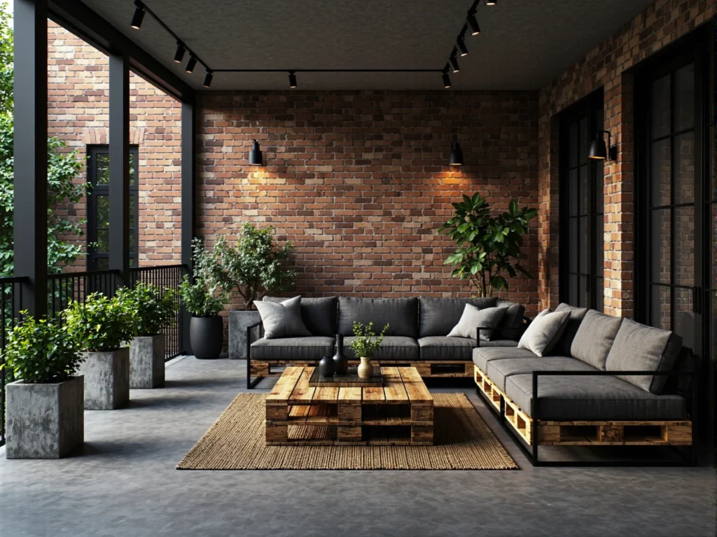 Narożnik wypoczynkowy szary z drewnianym stolikiem w stylu loft