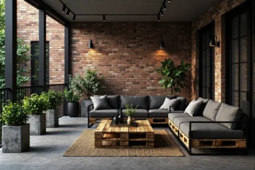 Narożnik wypoczynkowy szary z drewnianym stolikiem w stylu loft