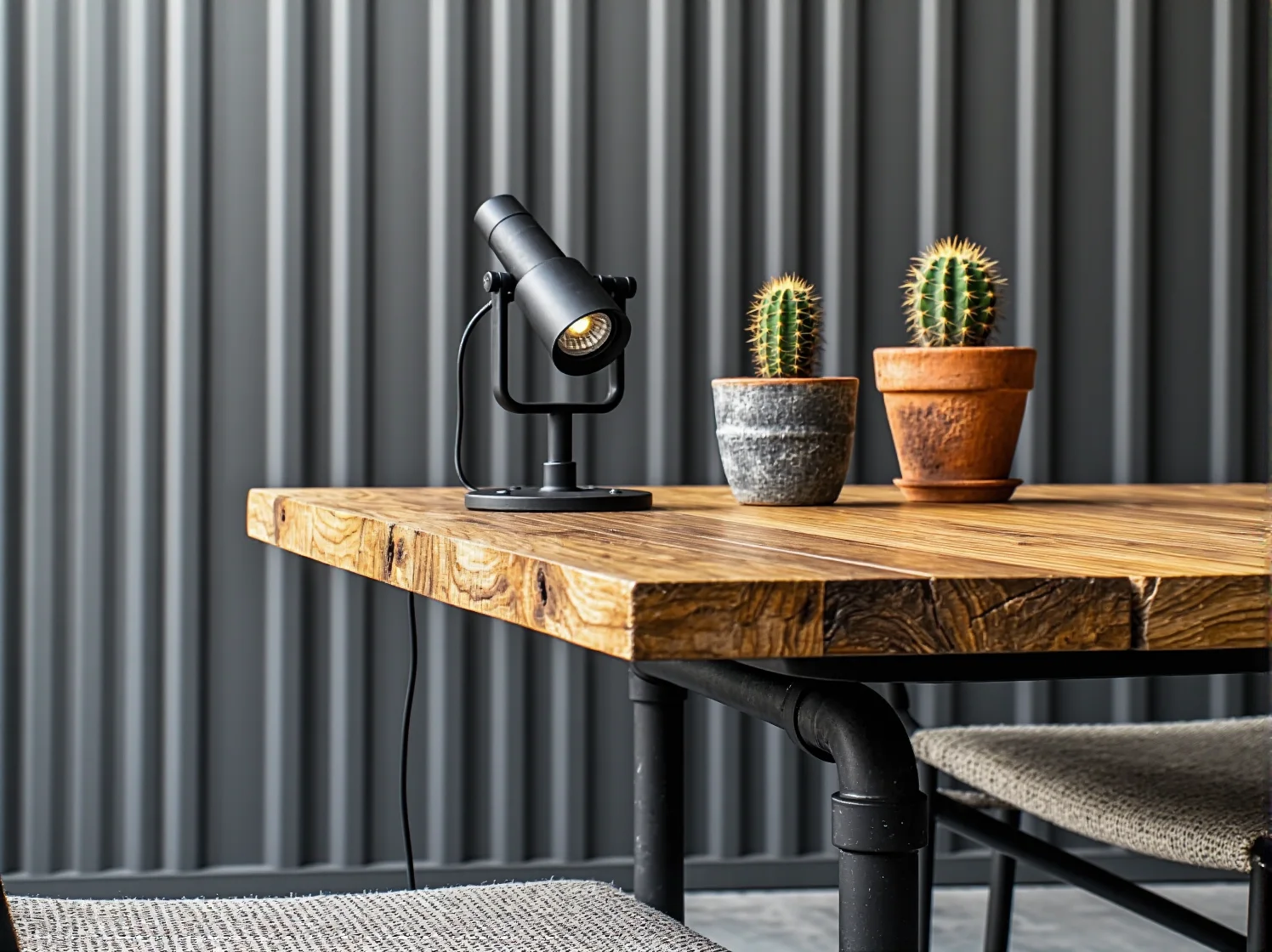 Surowe drewno i architektoniczny beton jako baza dla loftowej aranżacji balkonu.