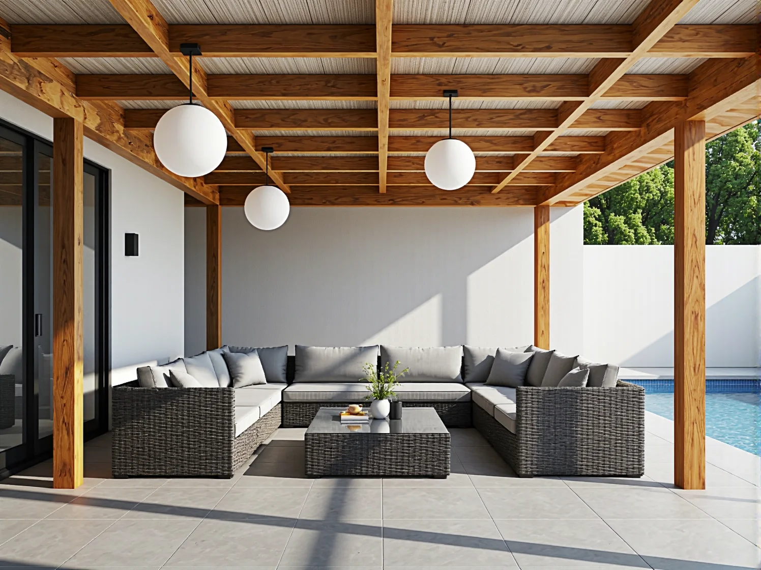 Bezpieczne lampy dogruntowe i najazdowe przy brzegu basenu.