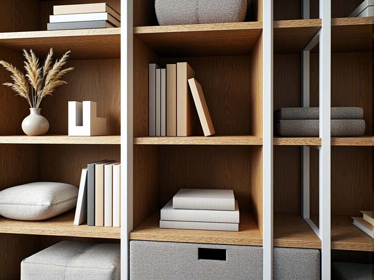 Minimalistyczny biały regał skandynawski z książkami i roślinami w gabinecie.