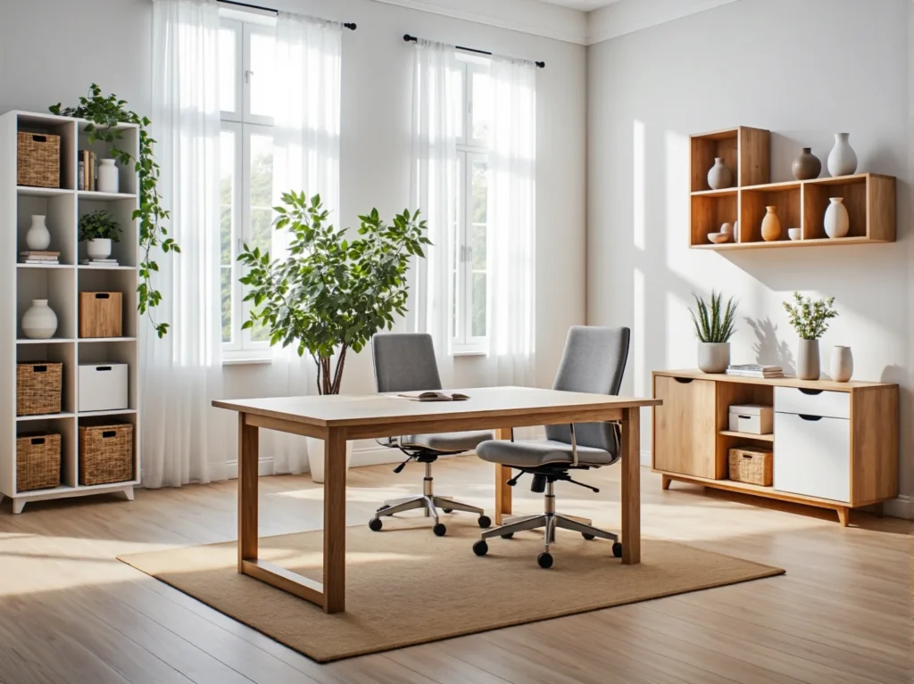 Duże biurko dębowe z białym blatem i szarymi krzesłami obrotowymi