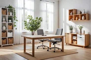 Duże biurko dębowe z białym blatem i szarymi krzesłami obrotowymi