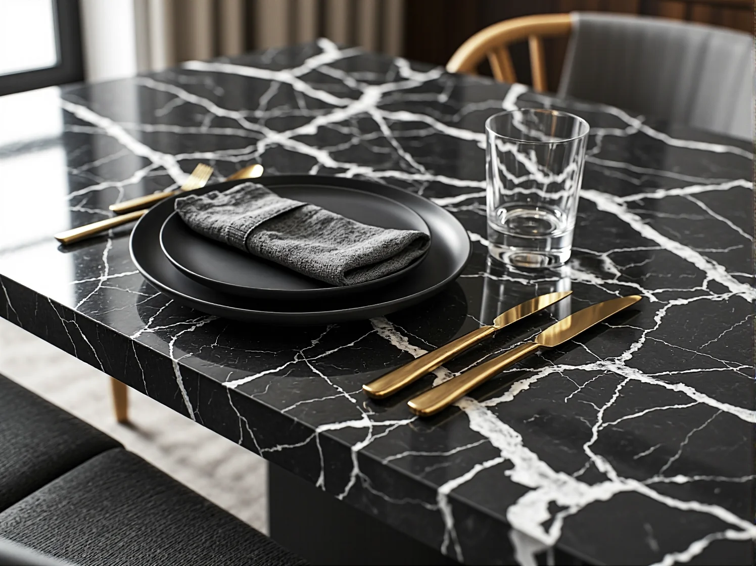 Nowoczesne wnętrze z prostokątnym stołem z czarnego marmuru, idealne do stylowego domu.