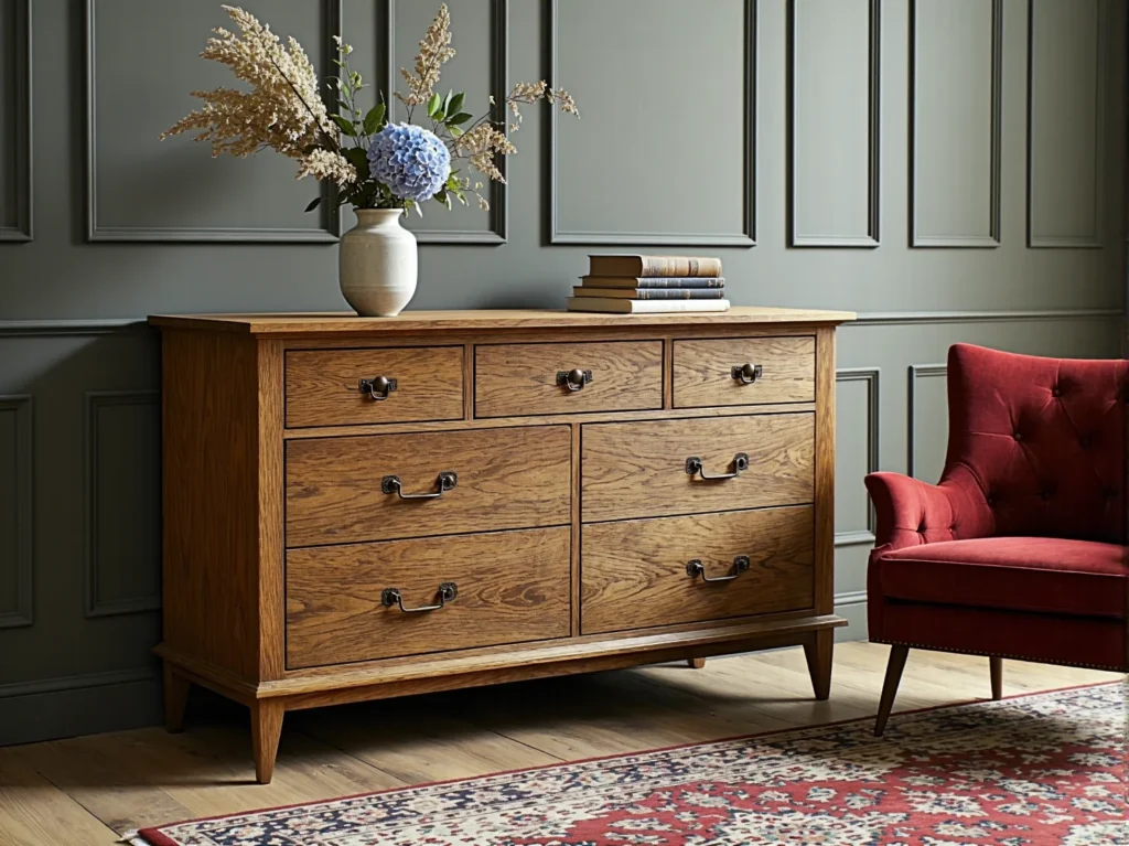 Dębowa komoda z siedmioma szufladami i metalowymi uchwytami