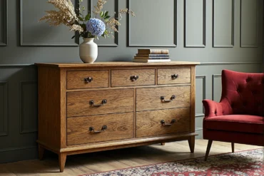 Dębowa komoda z siedmioma szufladami i metalowymi uchwytami