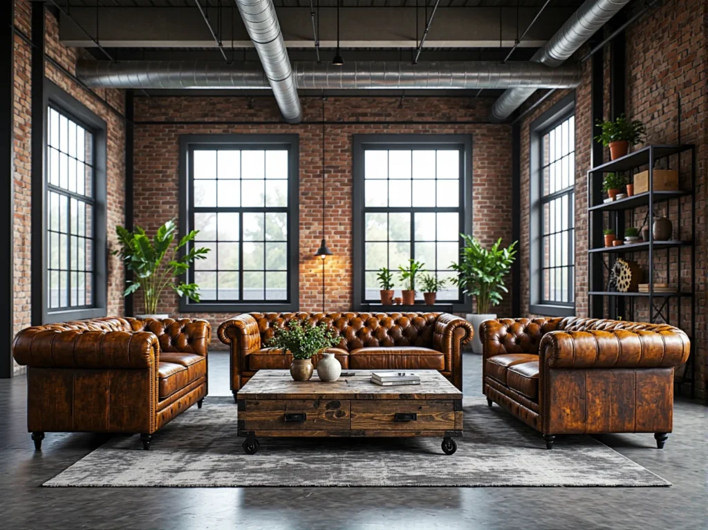 Komplet wypoczynkowy chesterfield brązowy skórzany z pikowanym oparciem