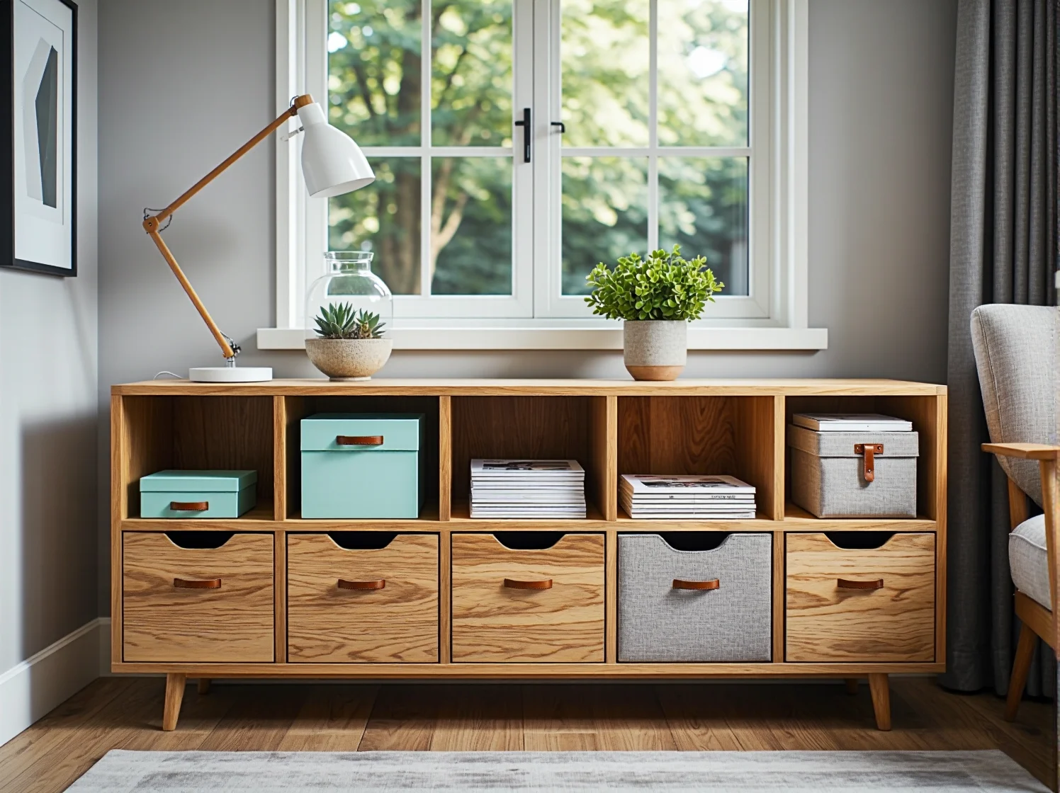 Funkcjonalny regał biurowy z drewna dębowego o skandynawskim designie.