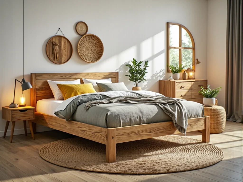 Drewniane łóżko dwuosobowe dębowe z prostym zagłówkiem