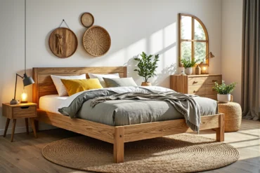 Drewniane łóżko dwuosobowe dębowe z prostym zagłówkiem