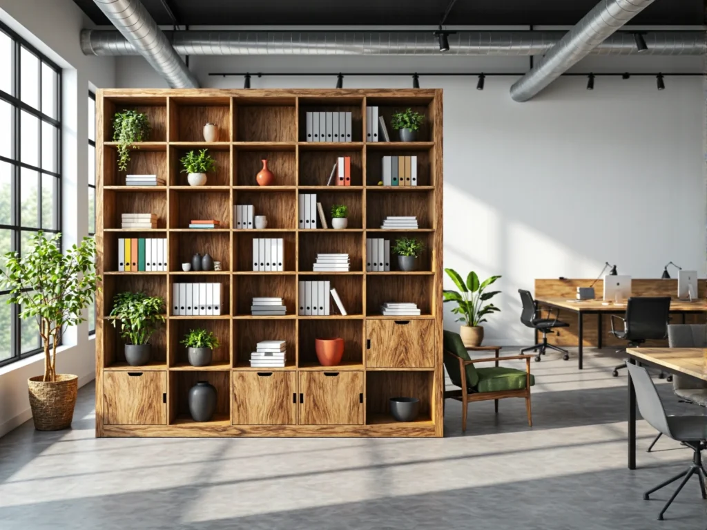 Duży regał biurowy dębowy z przegródkami i szafkami dolnymi