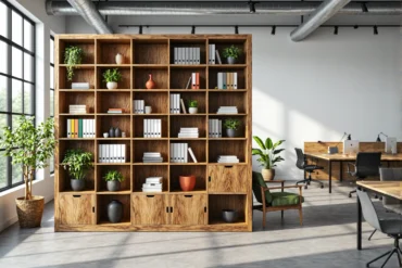 Duży regał biurowy dębowy z przegródkami i szafkami dolnymi