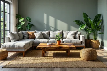 Narożnik tapicerowany szary na drewnianych nogach z poduszkami