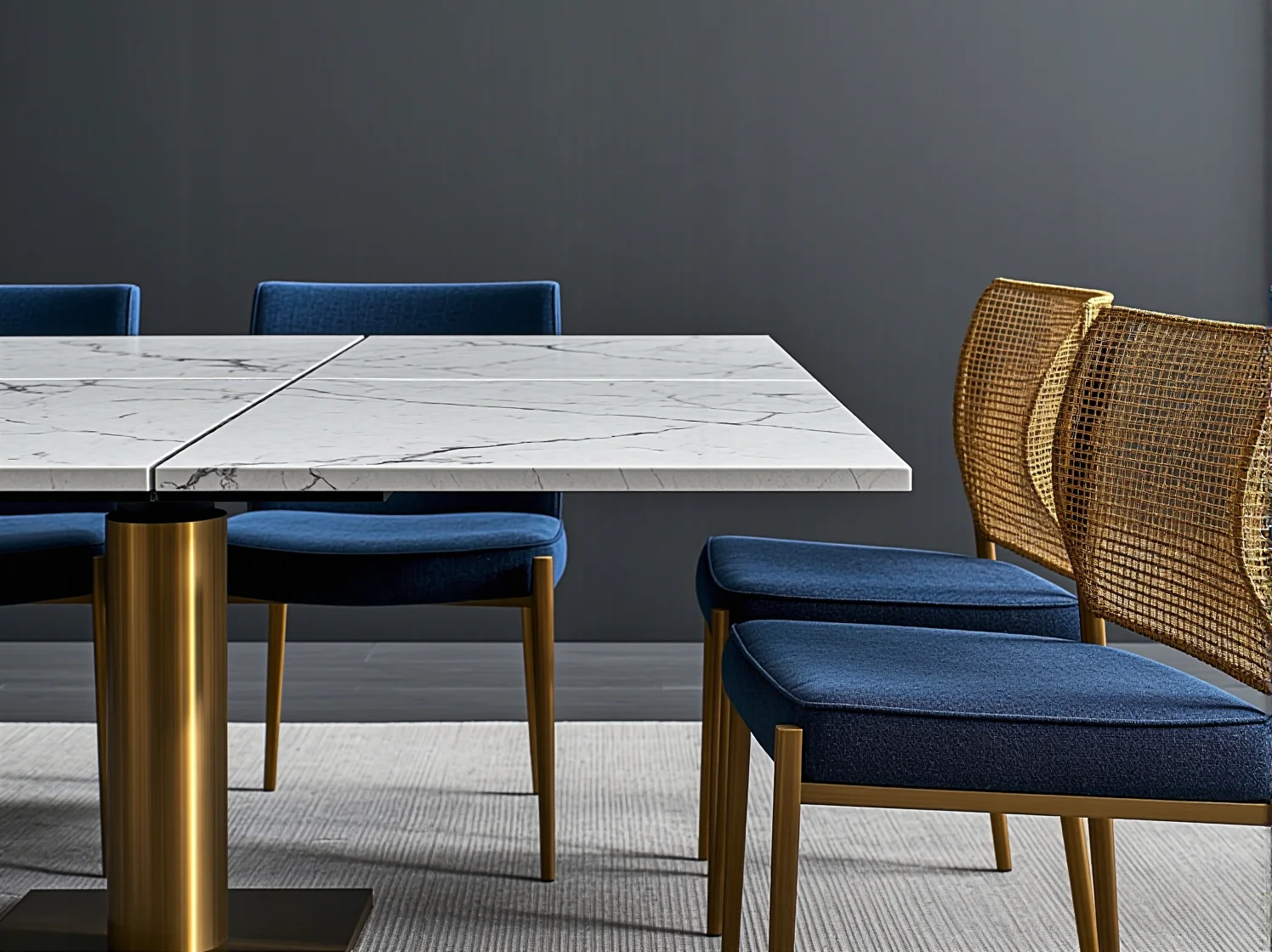 Aranżacja jadalni ze stylowym stołem rozkładanym glamour i welurowymi krzesłami.