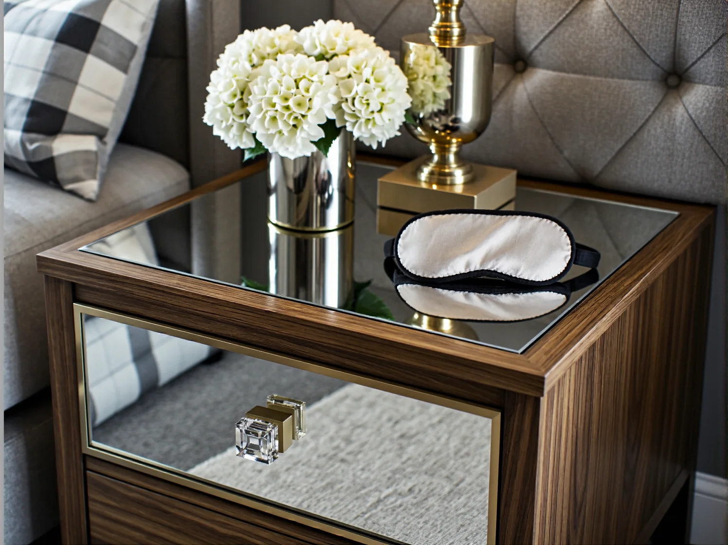 Stara toaletka po renowacji ze szklanymi gałkami jako elegancki mebel sypialniany.