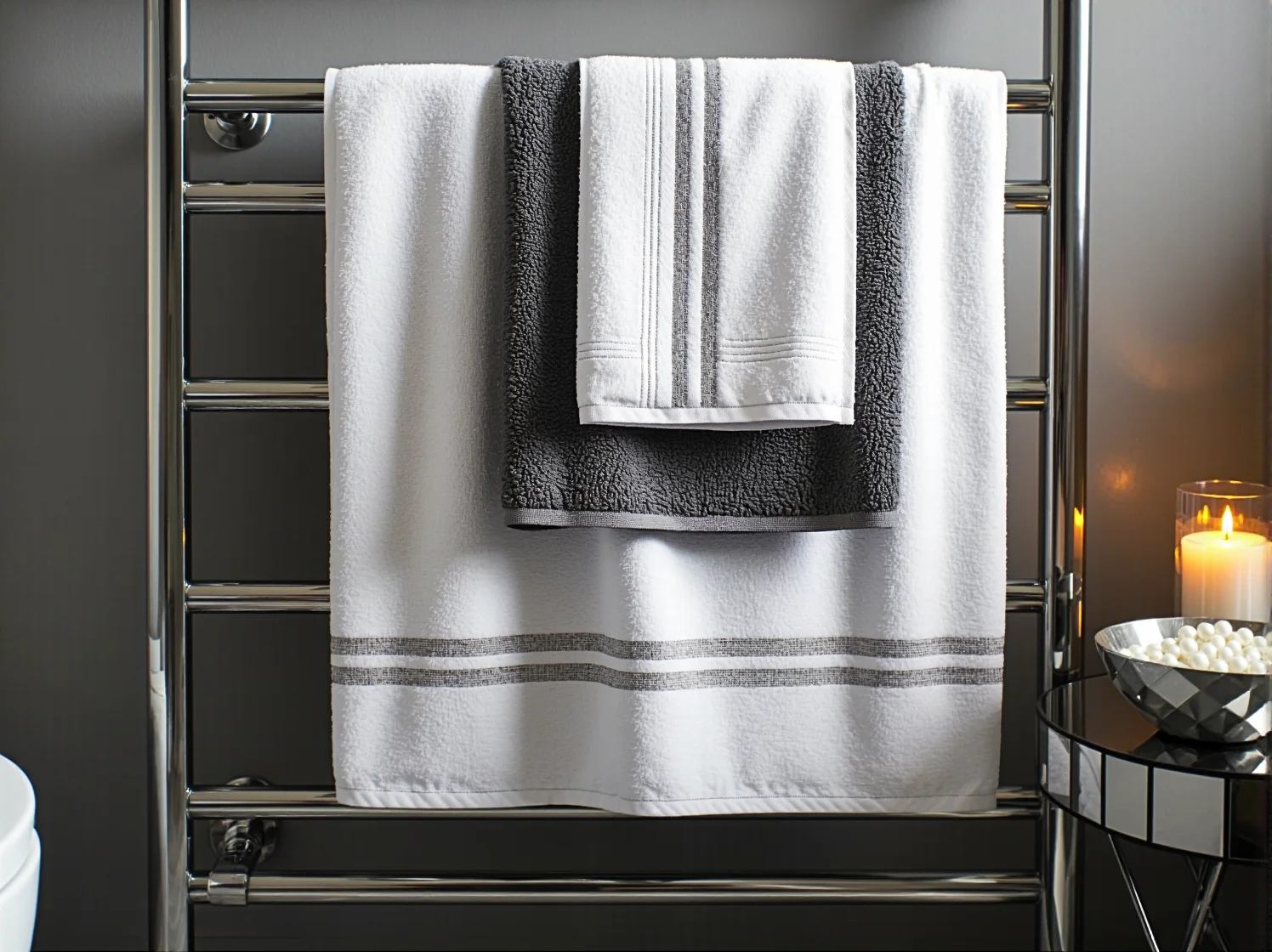 Miękkie ręczniki i eleganckie świece w nowoczesnej łazience w stylu glamour.