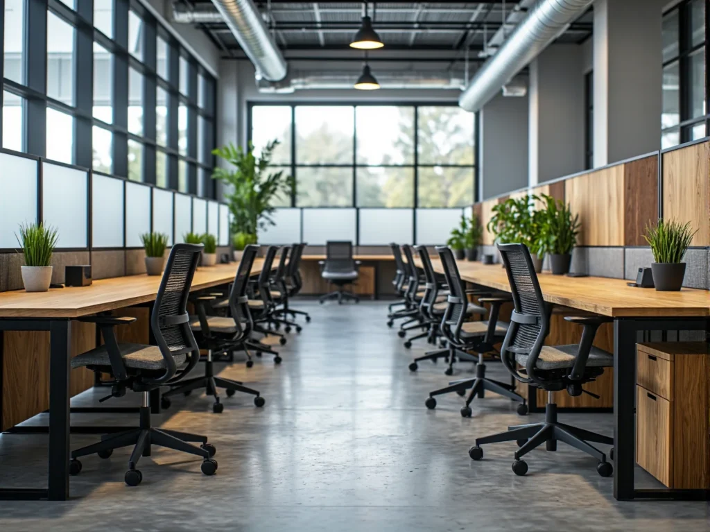 Czarne krzesła biurowe obrotowe z siatką przy dębowych biurkach