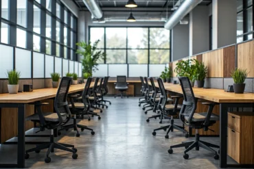 Czarne krzesła biurowe obrotowe z siatką przy dębowych biurkach