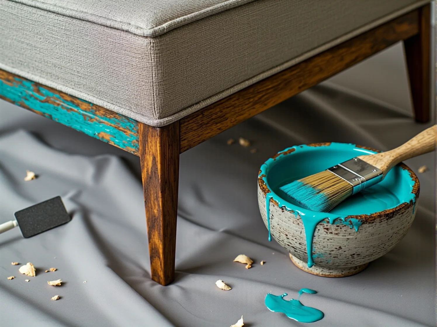 Puszka farby kredowej do szybkiej renowacji drewnianej komody bez matowienia.