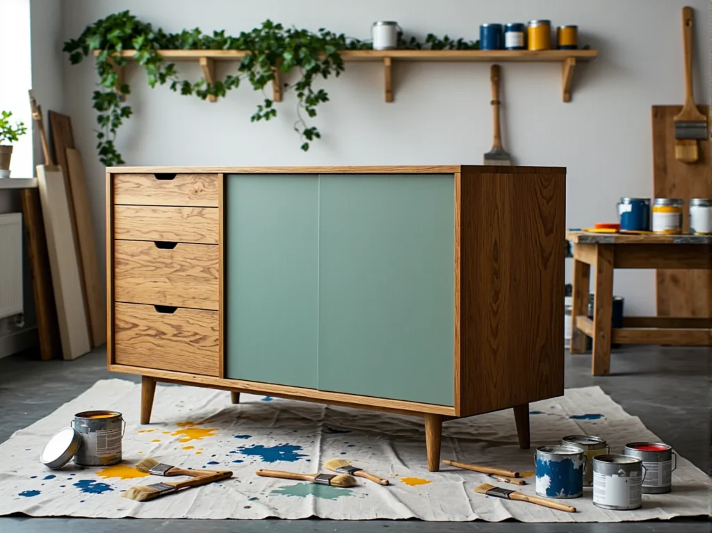 Komoda dębowa z szufladami i miętowymi drzwiami przesuwnymi