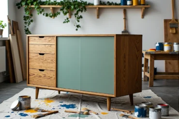 Komoda dębowa z szufladami i miętowymi drzwiami przesuwnymi