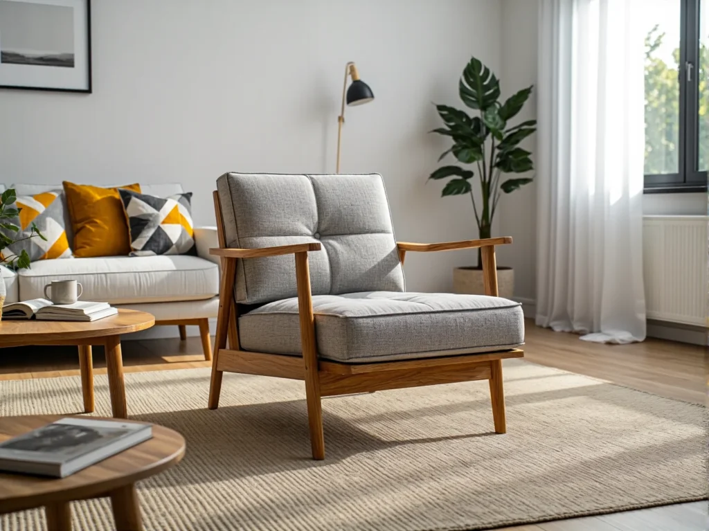 Szary fotel wypoczynkowy z drewnianymi podłokietnikami i ramą