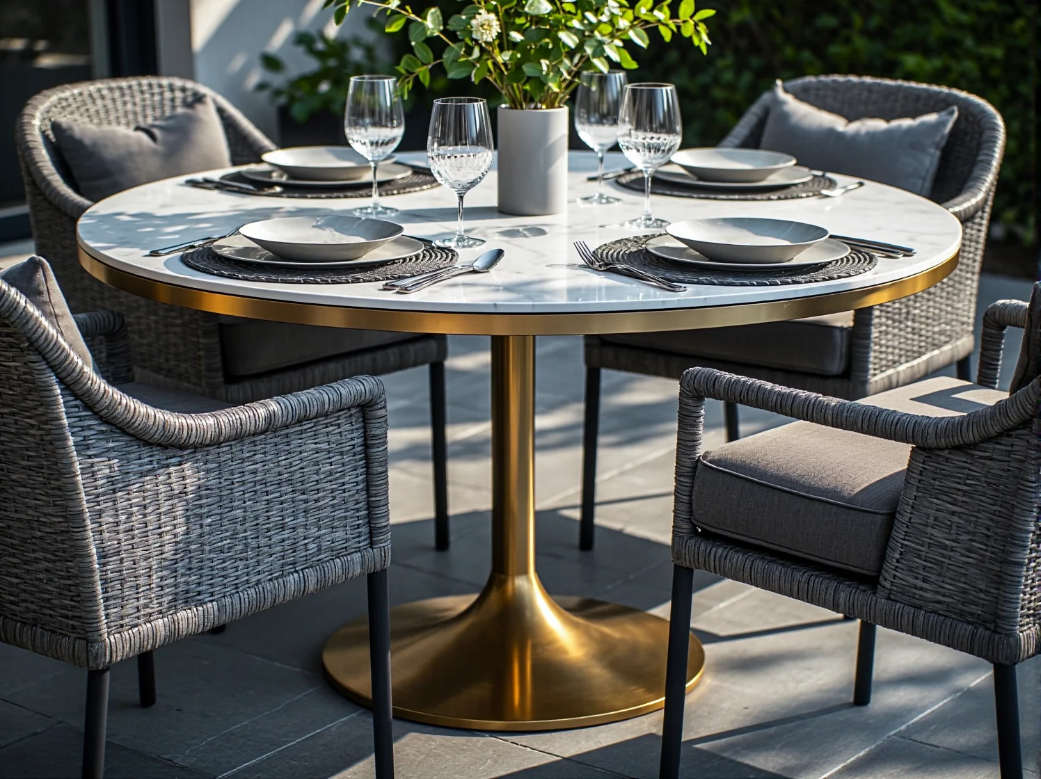 Funkcjonalne meble ogrodowe z eleganckiego materiału idealne do aranżacji na taras.