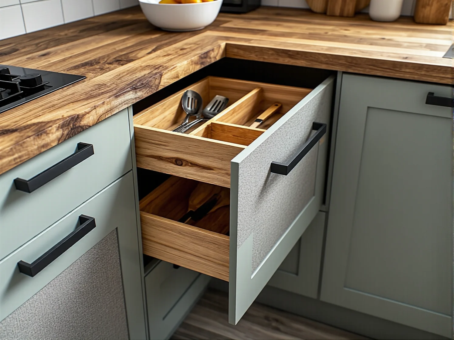 Zagospodarowanie trudnodostępnego kąta dzięki funkcjonalnej szafce narożnej z szufladami.