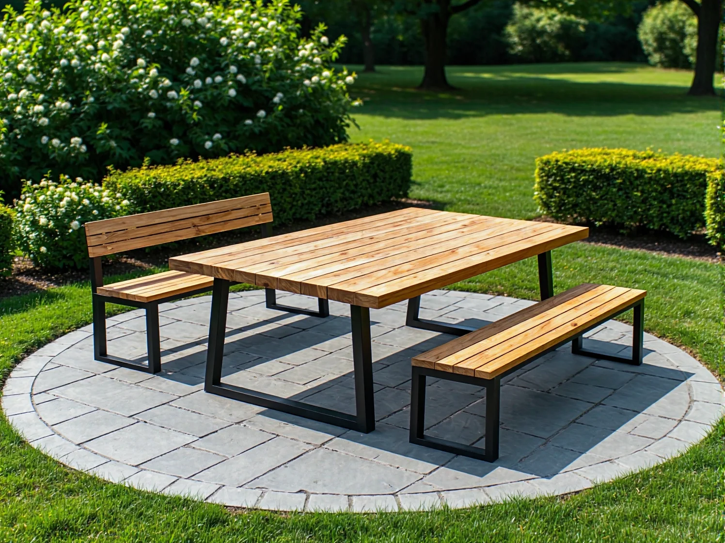 Funkcjonalne wyposażenie parków: stół piknikowy i nowoczesne kosze na śmieci.