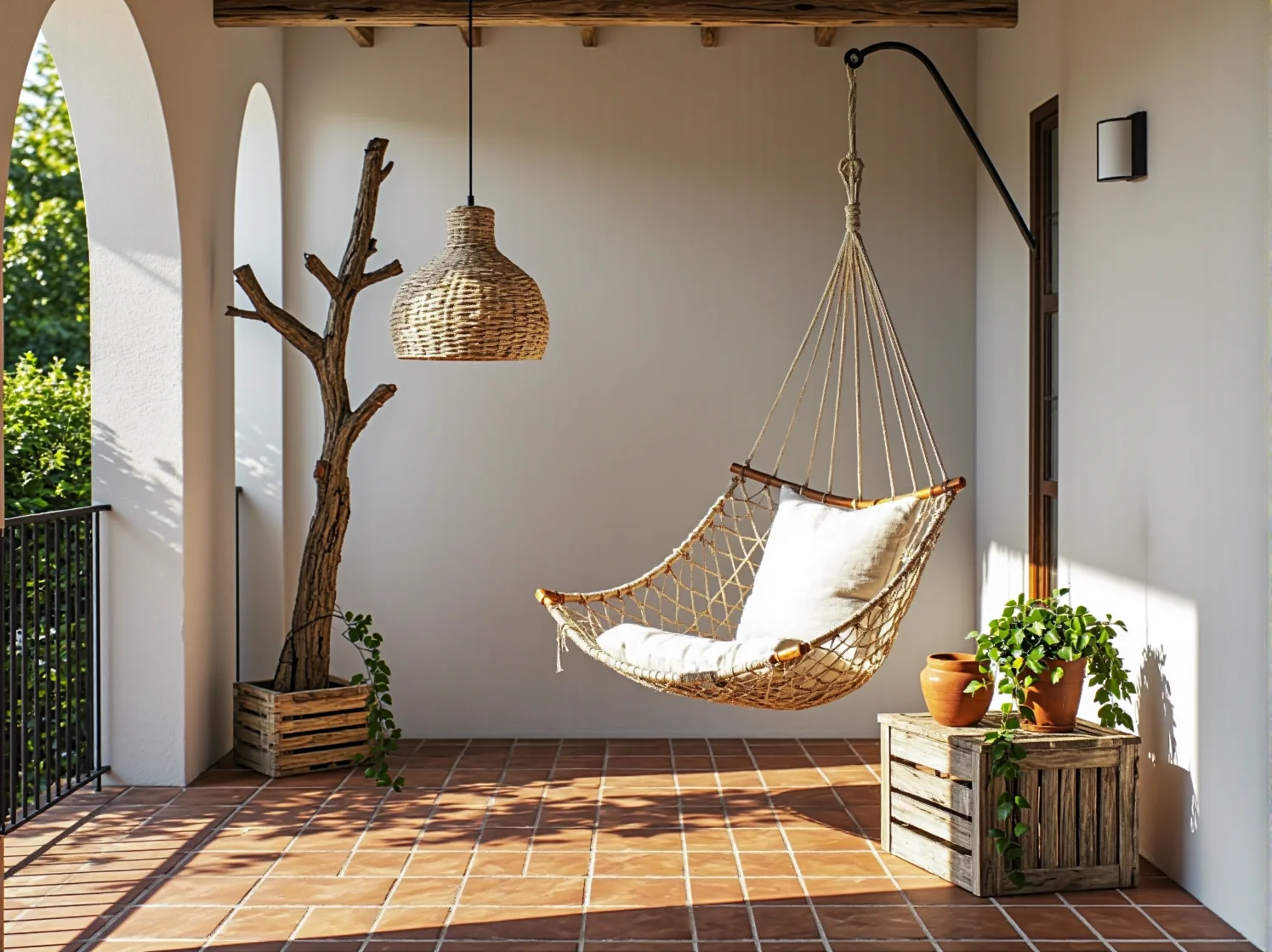 Girlandy świetlne nad strefą relaksu z meblami z materiałów z recyklingu