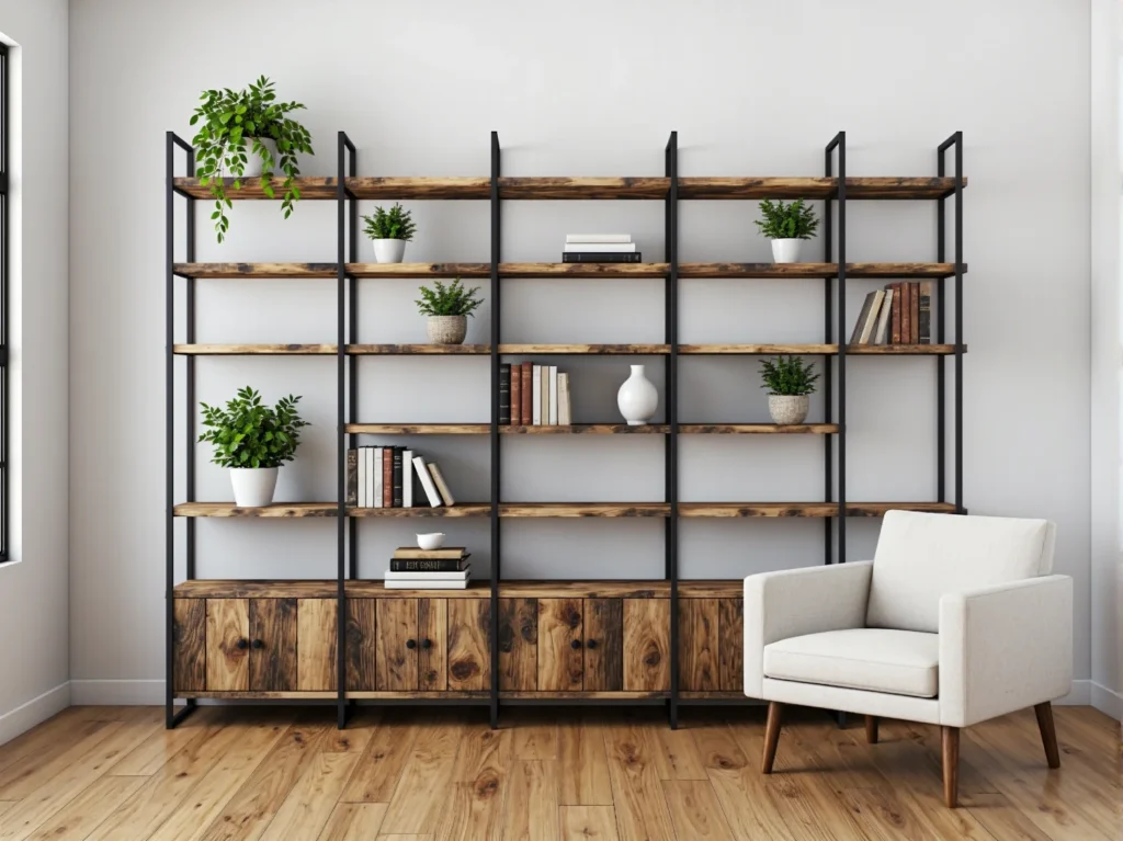 Regał industrialny z drewnianymi półkami na metalowej ramie