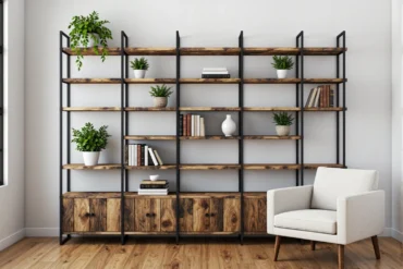 Regał industrialny z drewnianymi półkami na metalowej ramie