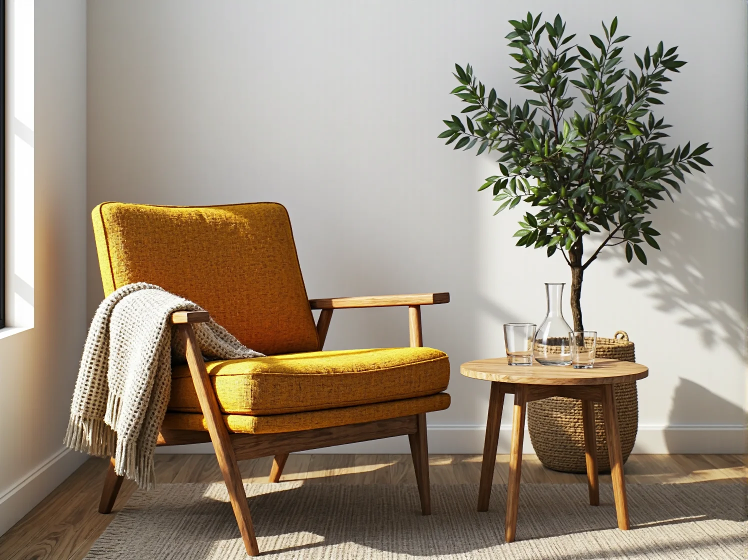 Naturalne oświetlenie i rośliny w harmonijnym biurze skandynawskim.