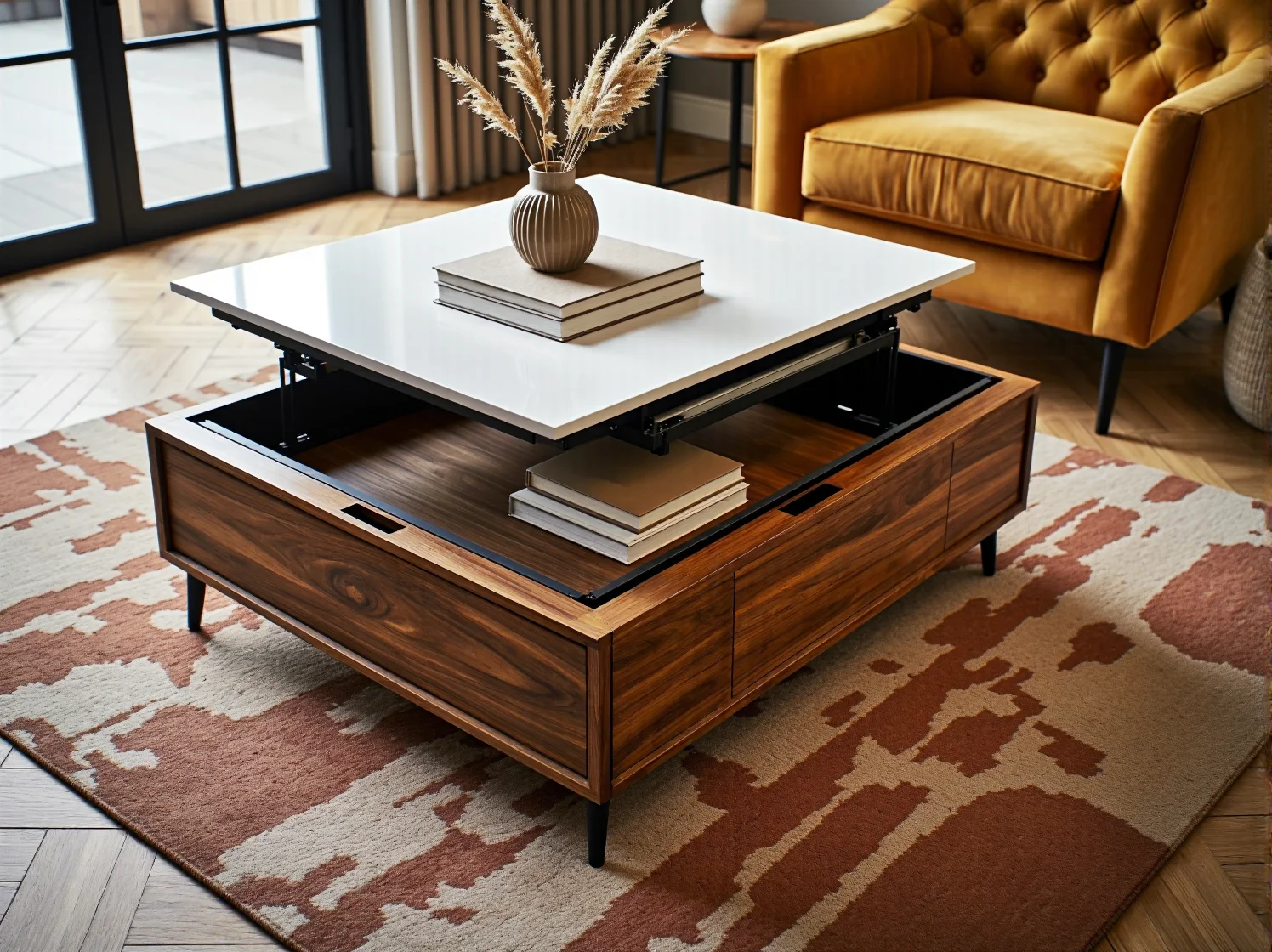 Detale i innowacyjne materiały nowoczesnego stolika kawowego do salonu.