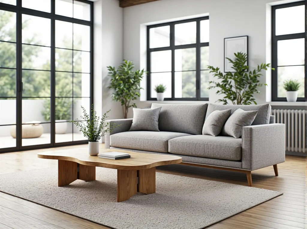 Szara sofa trzyosobowa na drewnianych nóżkach z poduszkami