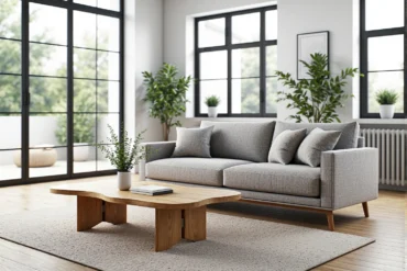 Szara sofa trzyosobowa na drewnianych nóżkach z poduszkami