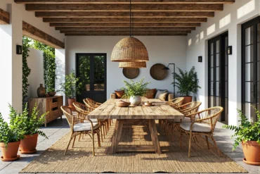 Duży drewniany stół jadalniany z rattanowymi krzesłami