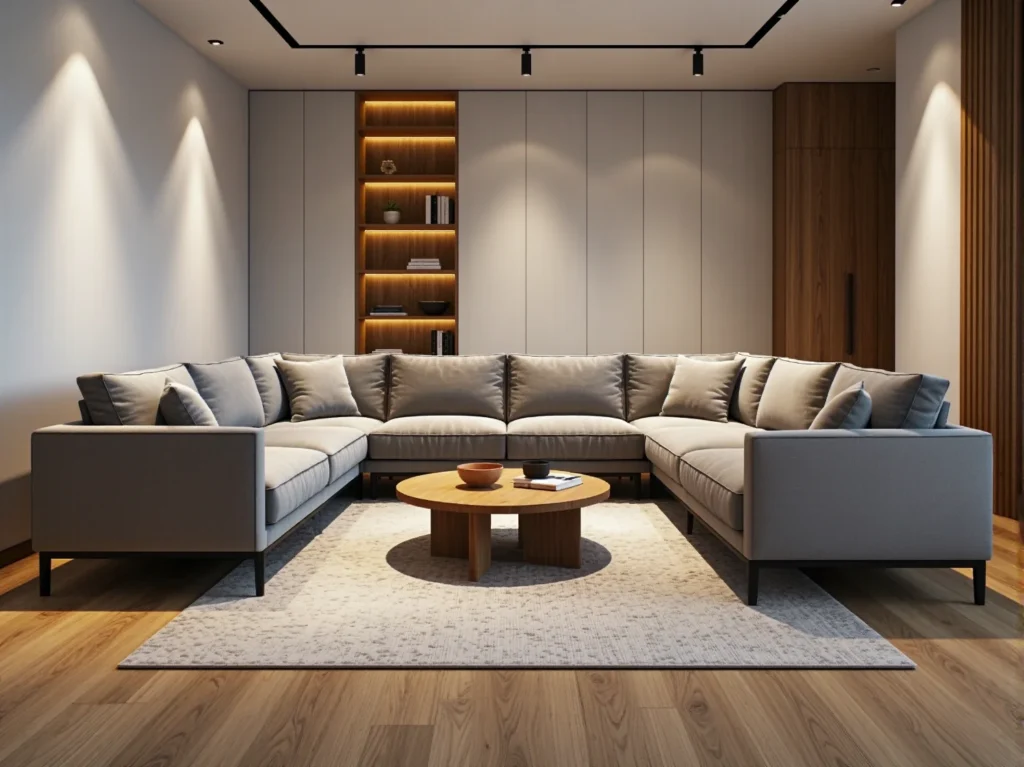 Narożnik wypoczynkowy szary tapicerowany z poduszkami na czarnych nóżkach