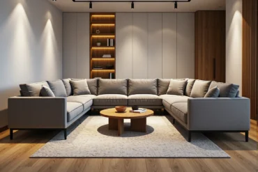 Narożnik wypoczynkowy szary tapicerowany z poduszkami na czarnych nóżkach