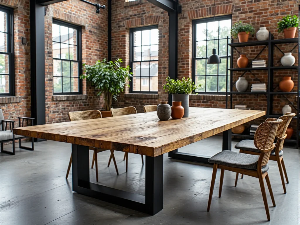 Duży stół jadalniany z litego drewna na metalowych nogach