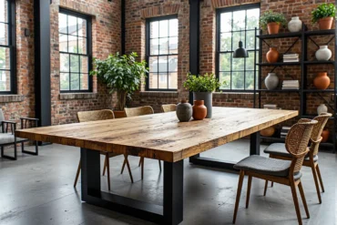 Duży stół jadalniany z litego drewna na metalowych nogach