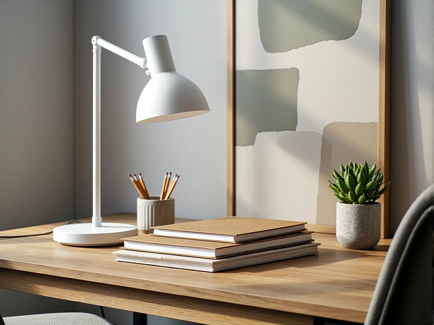 Jasne biuro w stylu skandynawskim z drewnianym biurkiem i roślinami, łączące minimalizm z funkcjonalnością.